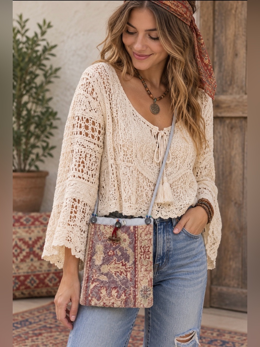 Boho Handwoven Tapestry Crossbody Bag in Muted Red and Cream Button Closure NWOT